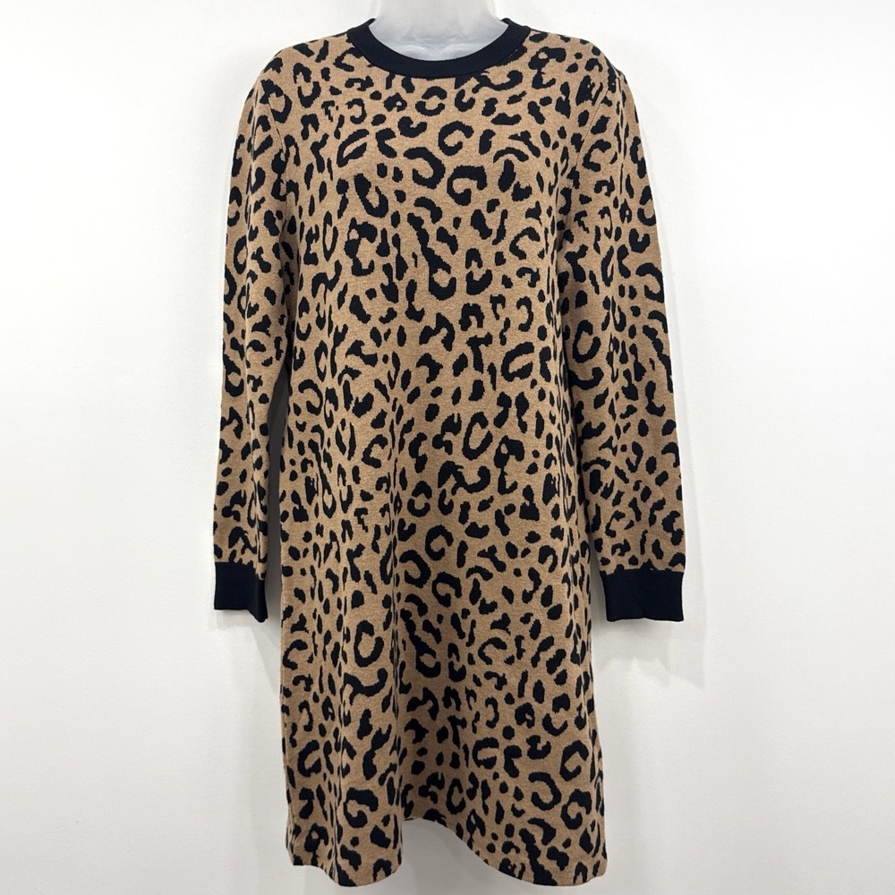 J Crew Long Sleeve Mini Sweater Dress M Leopard NWT Wool Old Money Chic Capsule